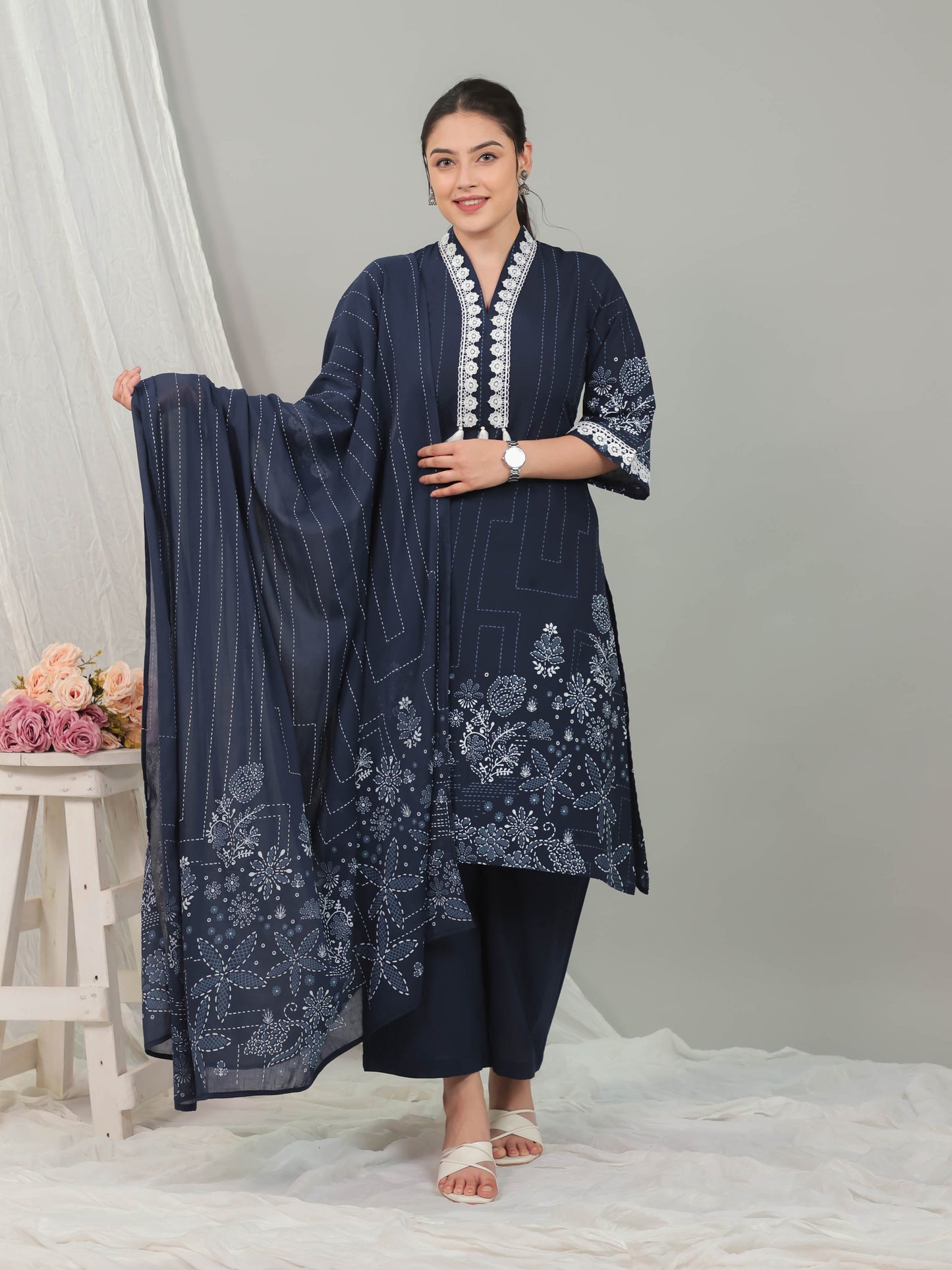 Soft Cotton Placement Print A-line Blue Kurta From Aramya 0