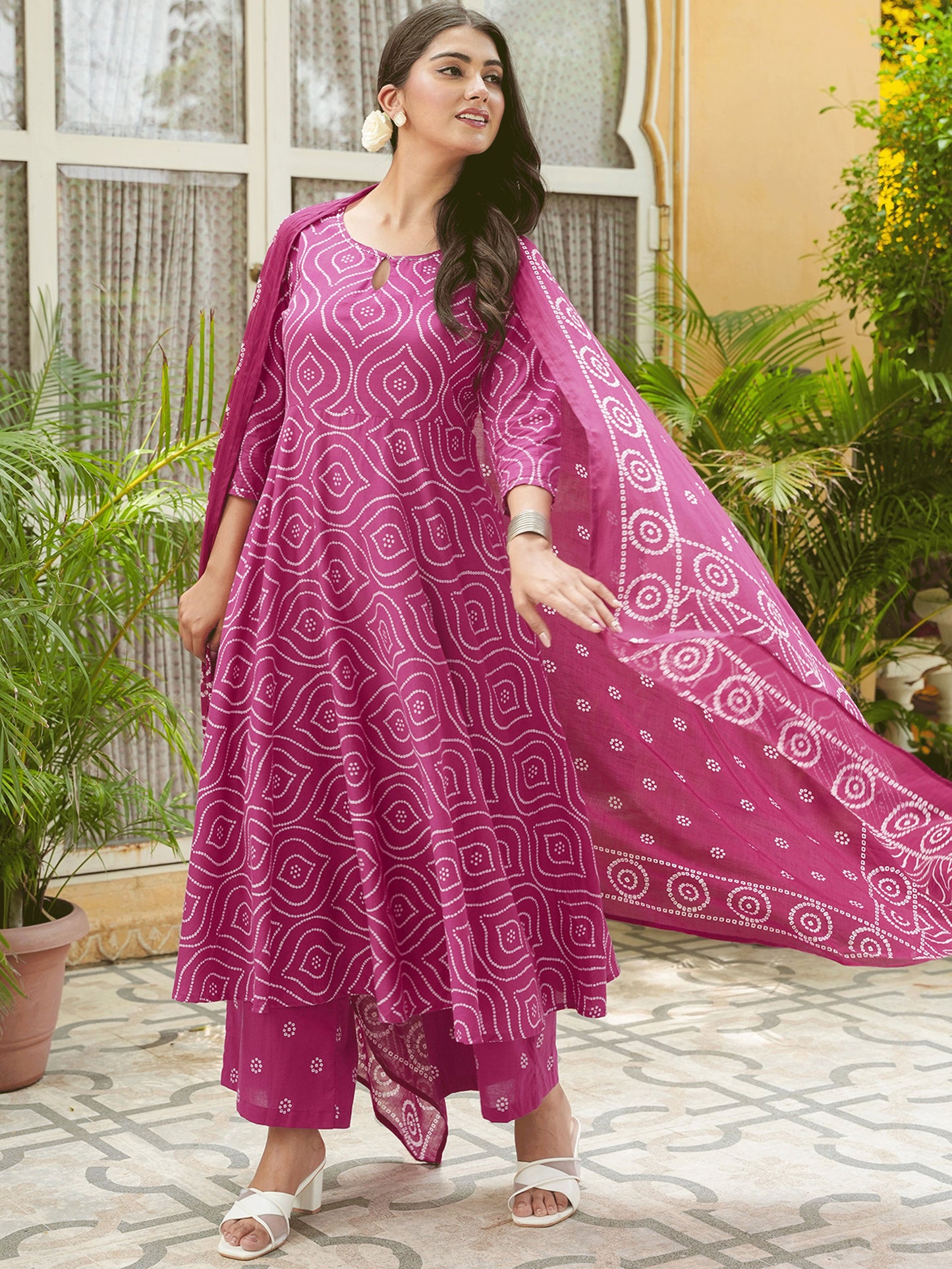 Embroidered Soft Cotton Bandhani Anarkali Pink Kurta From Aramya 11