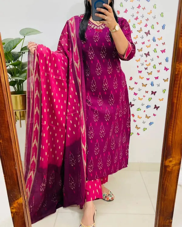 Beautiful Ikkat Print Kurti With Bottom And Dupatta