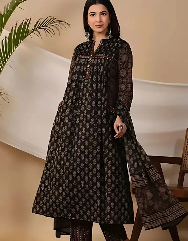 Black_Pure_Cotton_Ajrakh_Ethnic_Kurta_Set_For_Woman_Girls