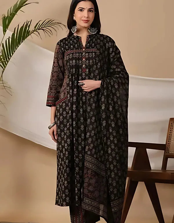 Black_Pure_Cotton_Ajrakh_Ethnic_Kurta_Set_For_Woman_Girls