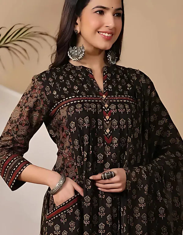 Black_Pure_Cotton_Ajrakh_Ethnic_Kurta_Set_For_Woman_Girls