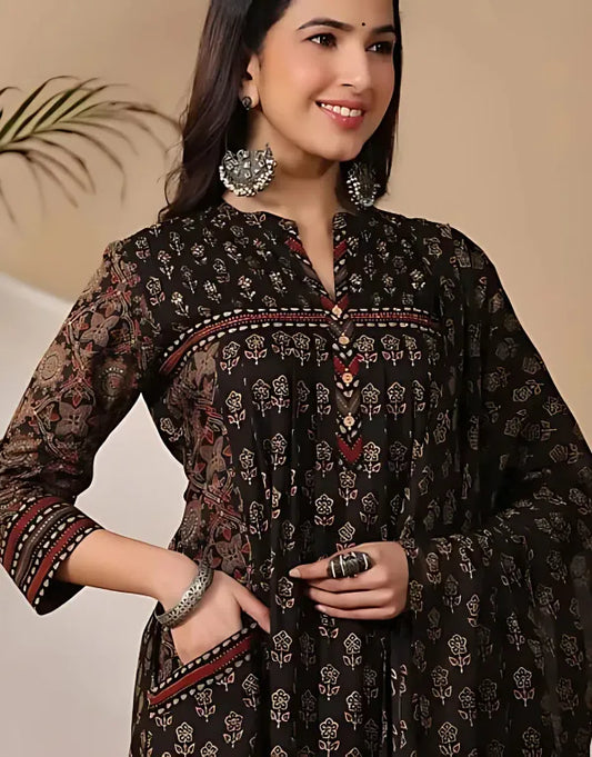 Black_Pure_Cotton_Ajrakh_Ethnic_Kurta_Set_For_Woman_Girls