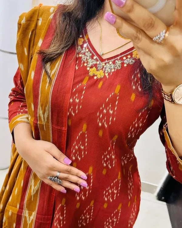 Ekkat_Print_Kurti_With_Bottom_And_Dupatta_Set