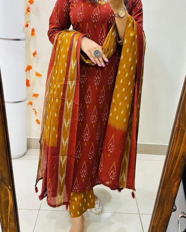 Ekkat_Print_Kurti_With_Bottom_And_Dupatta_Set