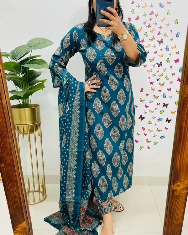 Stylish Hand Work Kurti With Pant And Dupatta Set
