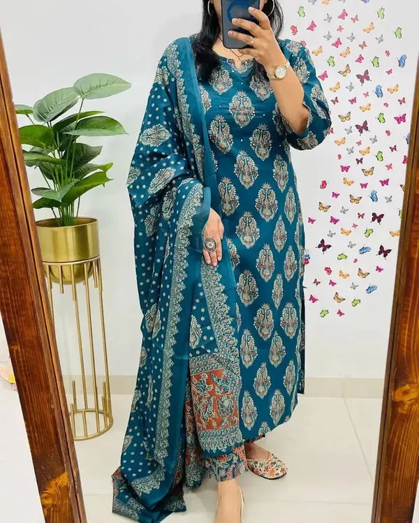 Stylish Hand Work Kurti With Pant And Dupatta Set