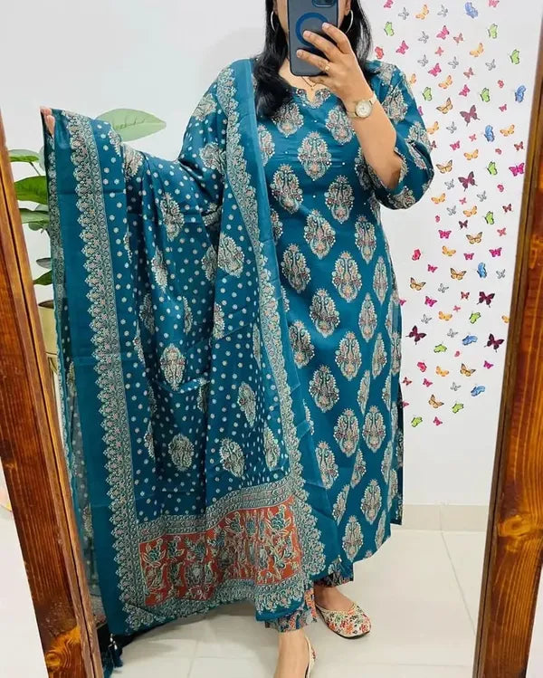 Stylish Hand Work Kurti With Pant And Dupatta Set