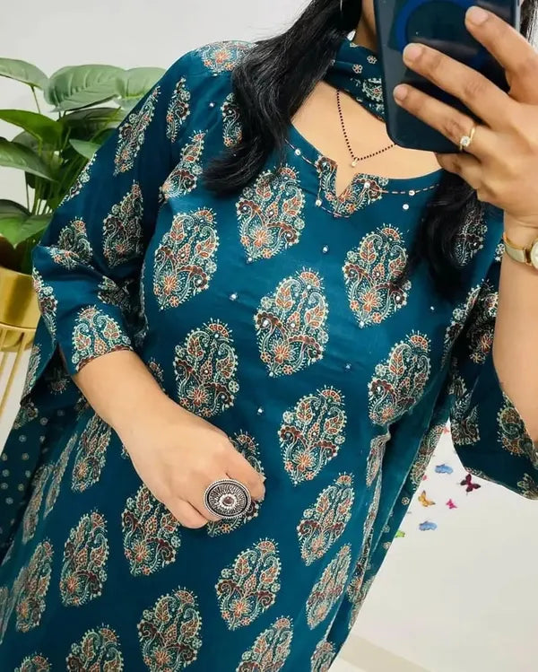 Stylish Hand Work Kurti With Pant And Dupatta Set