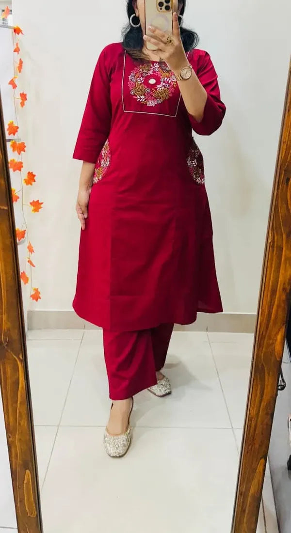 Stylish_Solid_Embroidery_Kurti_With_Pant_Set