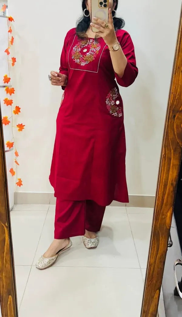 Stylish_Solid_Embroidery_Kurti_With_Pant_Set