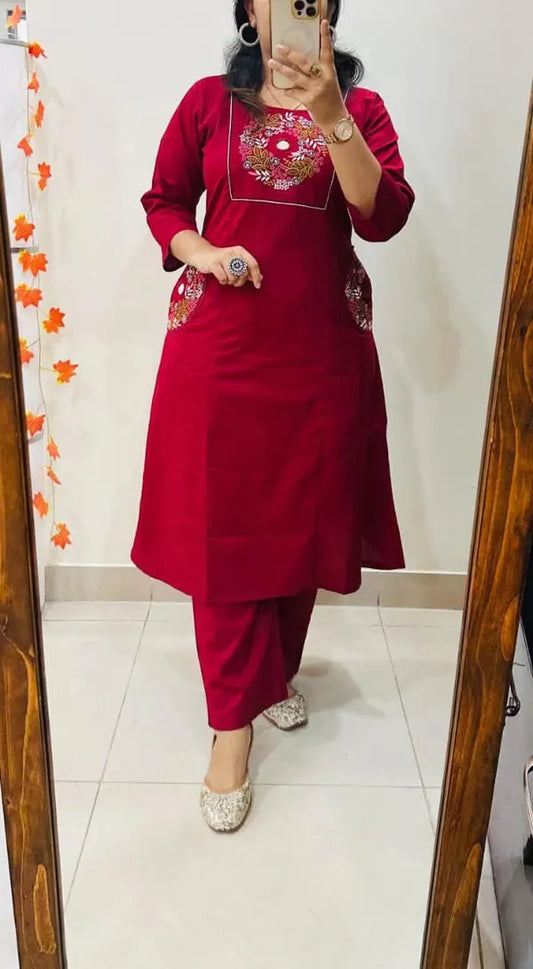 Stylish_Solid_Embroidery_Kurti_With_Pant_Set