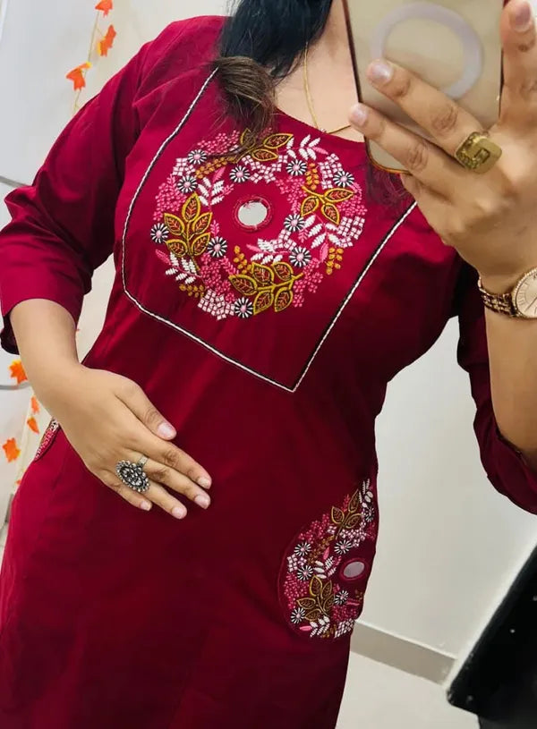 Stylish_Solid_Embroidery_Kurti_With_Pant_Set