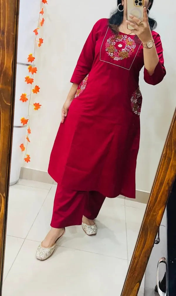 Stylish_Solid_Embroidery_Kurti_With_Pant_Set