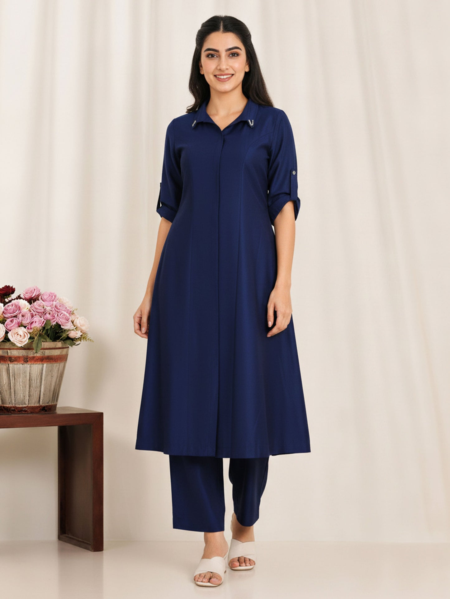 Chanderi Solid A-line Blue Kurta From Aramya 0