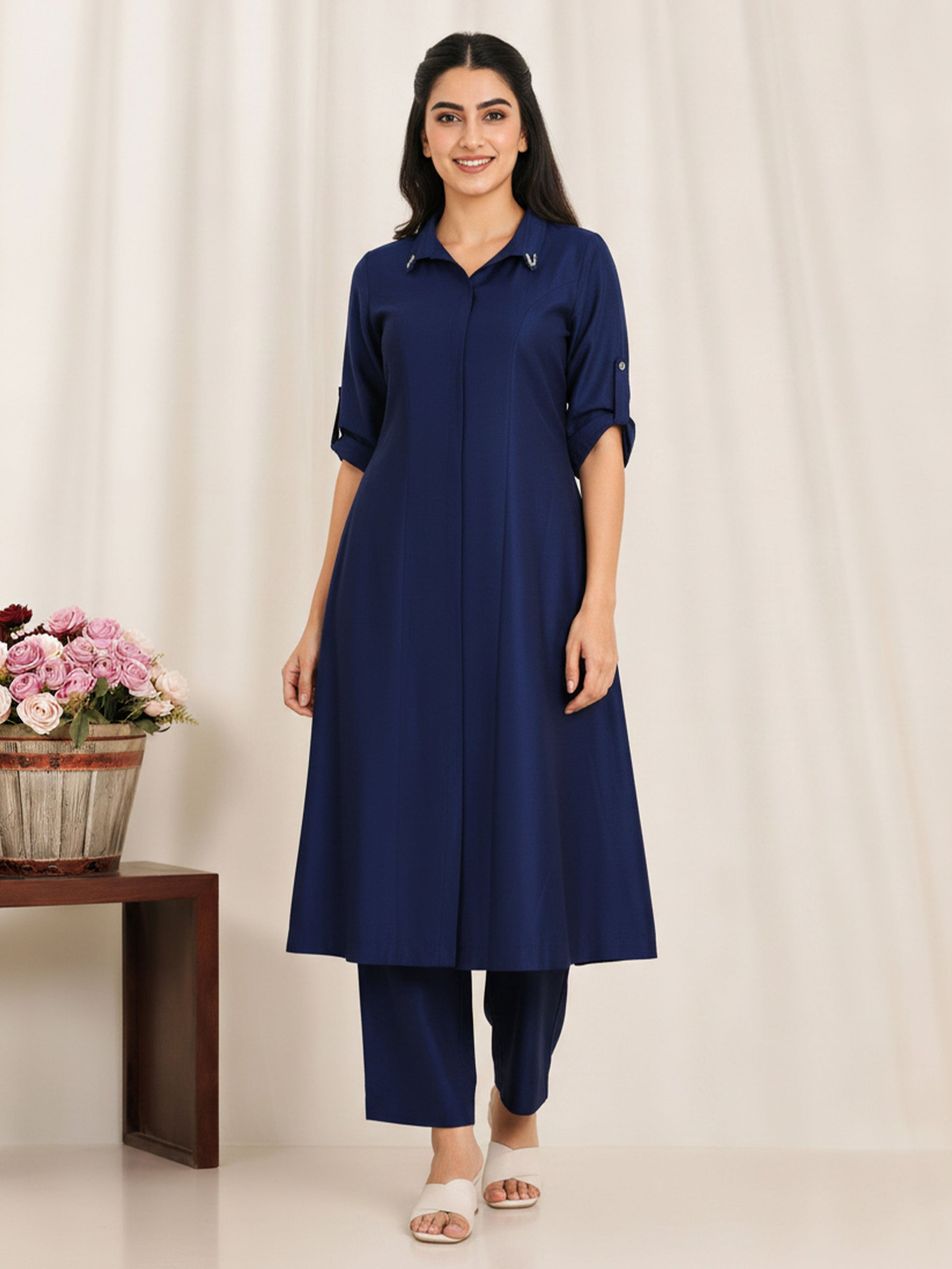 Chanderi Solid A-line Blue Kurta From Aramya 0