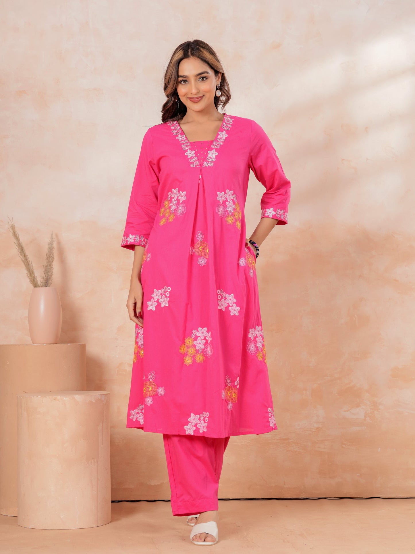 Embroidered Soft Cotton Solid A-line Pink Kurta From Aramya 0