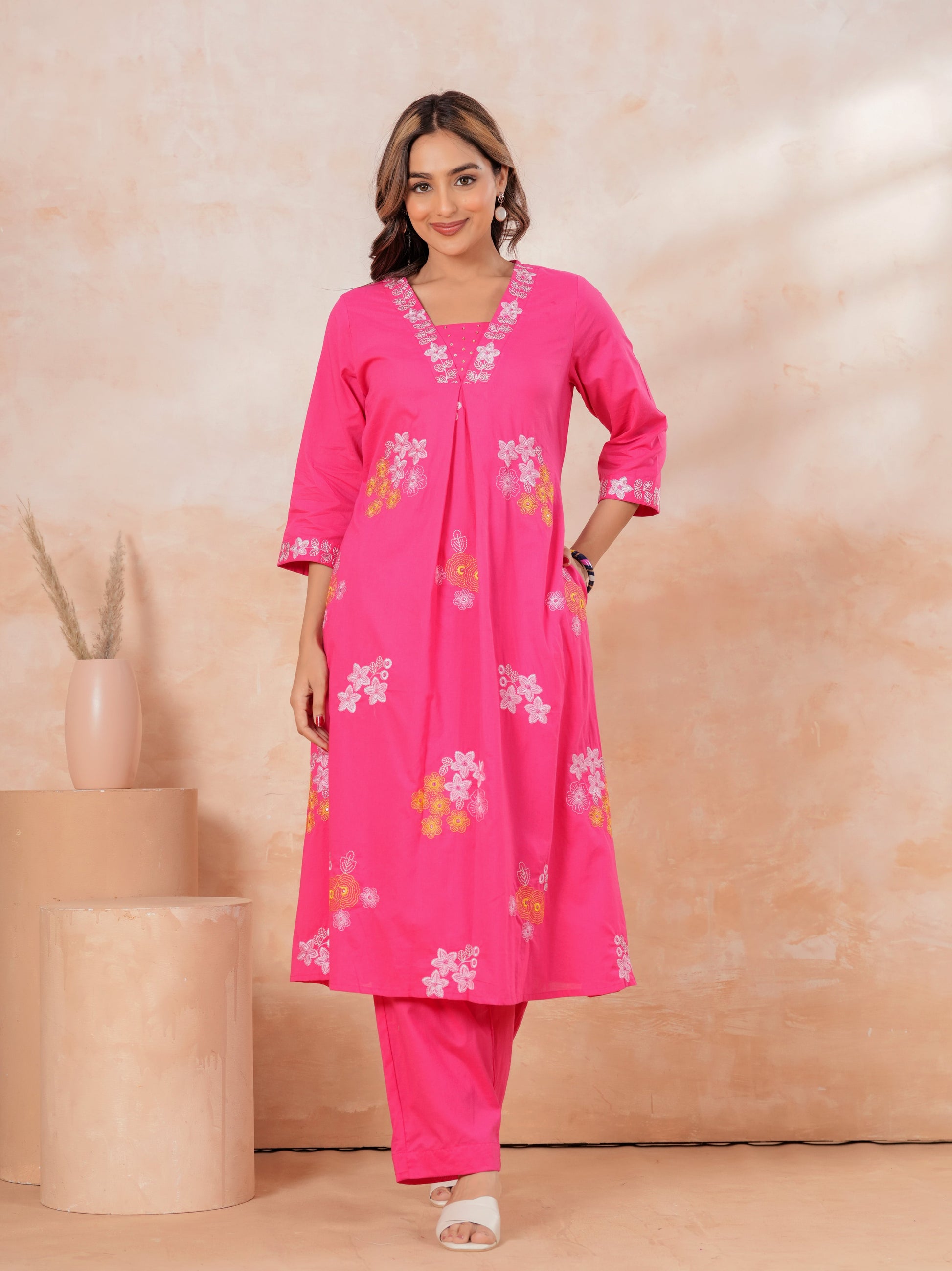 Embroidered Soft Cotton Solid A-line Pink Kurta From Aramya 0