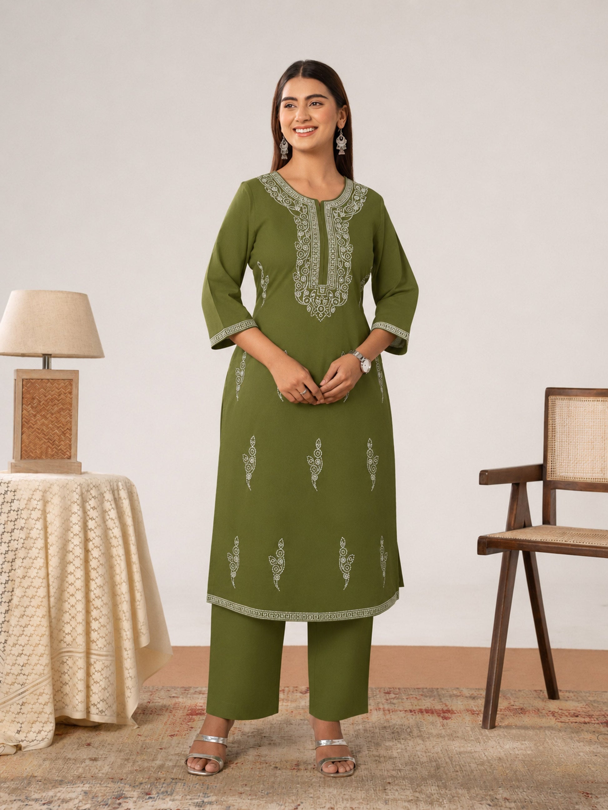 Embroidered Soft cotton Solid Straight Green Kurta From Aramya 0