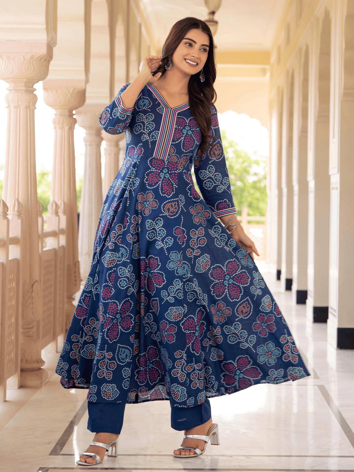 Embroidered Soft Cotton Floral Anarkali Blue Kurta From Aramya 2