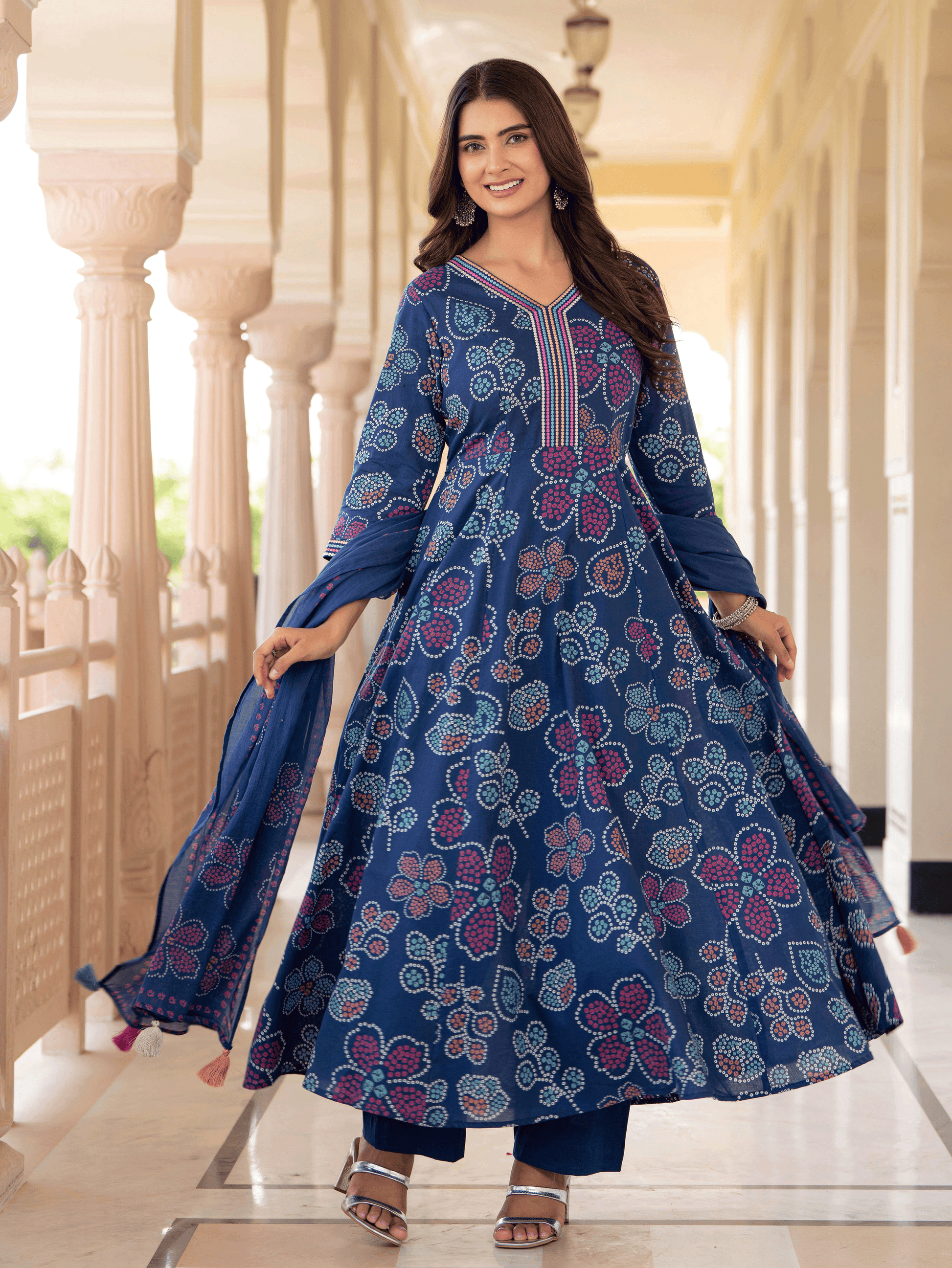 Embroidered Soft Cotton Floral Anarkali Blue Kurta From Aramya 1