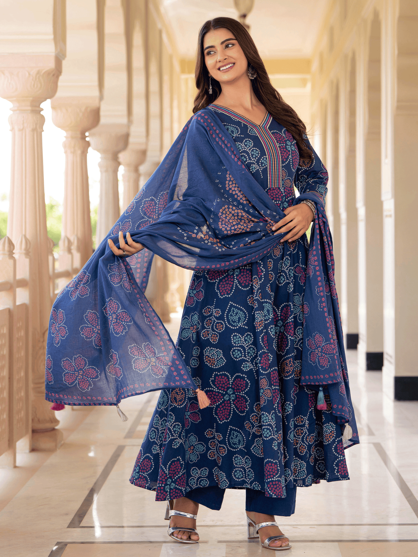 Embroidered Soft Cotton Floral Anarkali Blue Kurta From Aramya 6