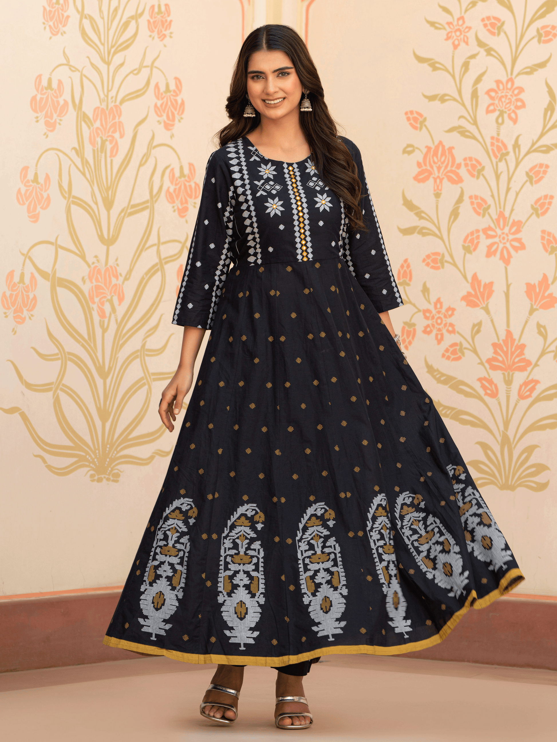 Embroidered Soft Cotton Geometric Anarkali Black Kurta From Aramya 1