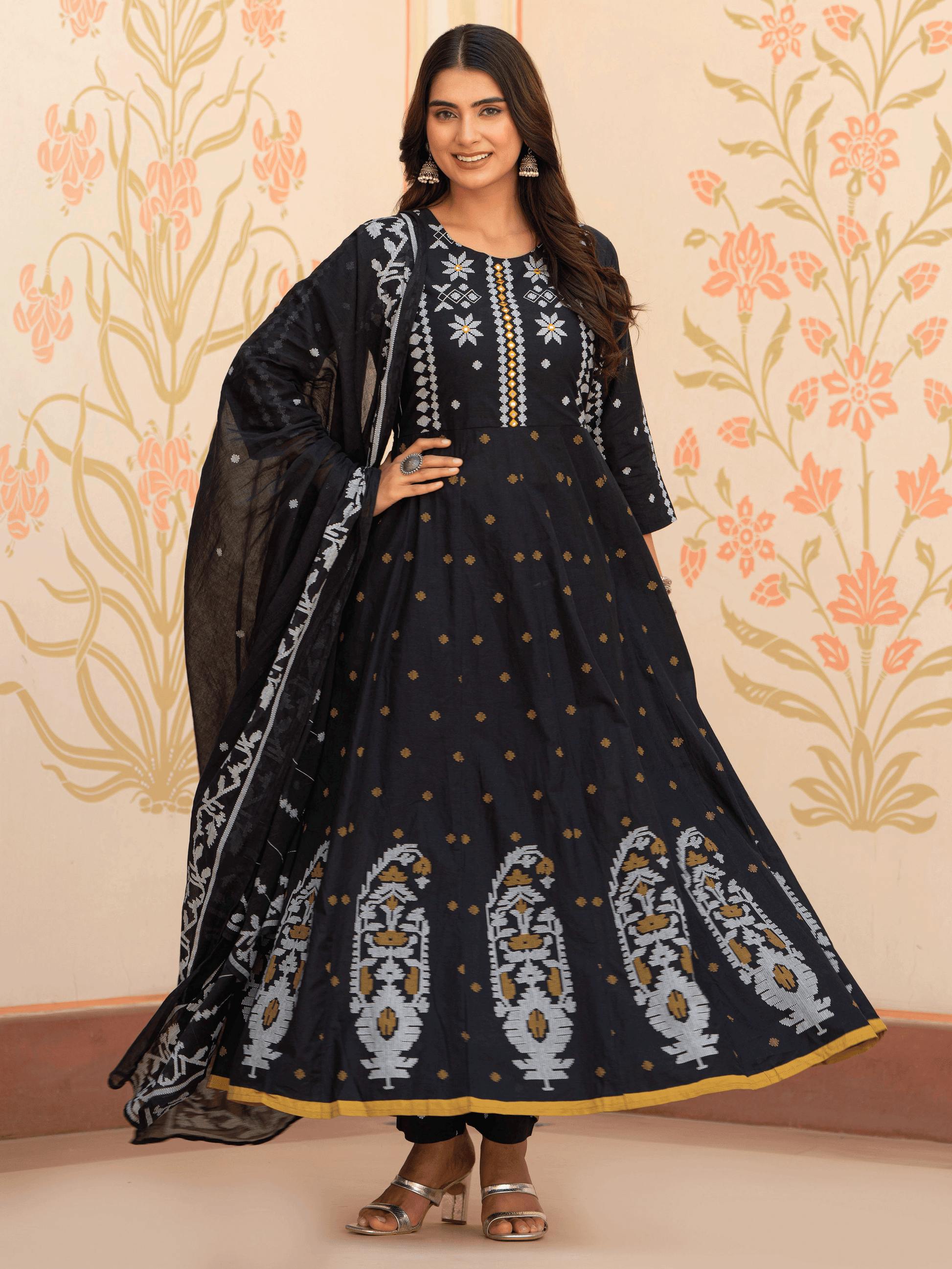 Embroidered Soft Cotton Geometric Anarkali Black Kurta From Aramya 0