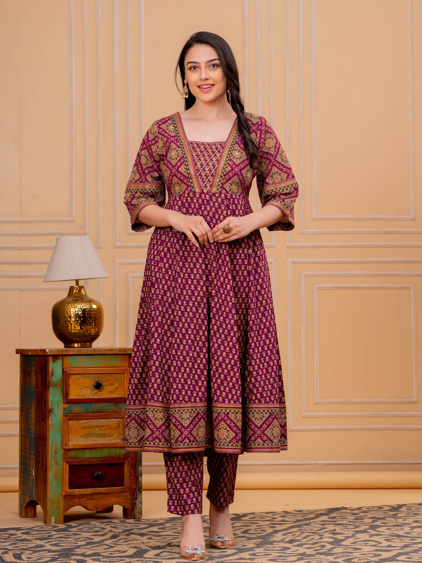 Soft Cotton Floral Flared Maroon Kurta From Aramya 2