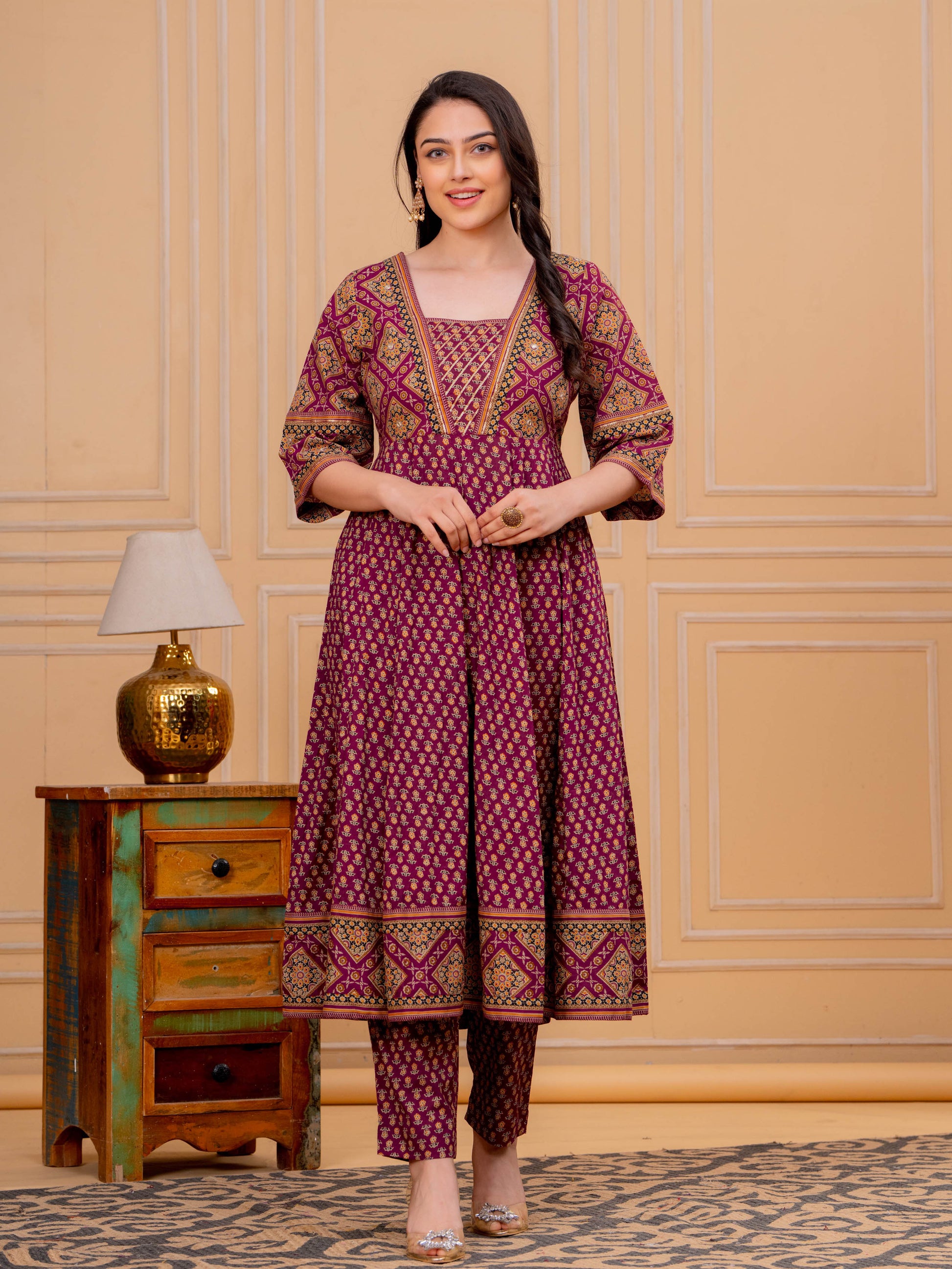 Soft Cotton Floral Flared Maroon Kurta From Aramya 2
