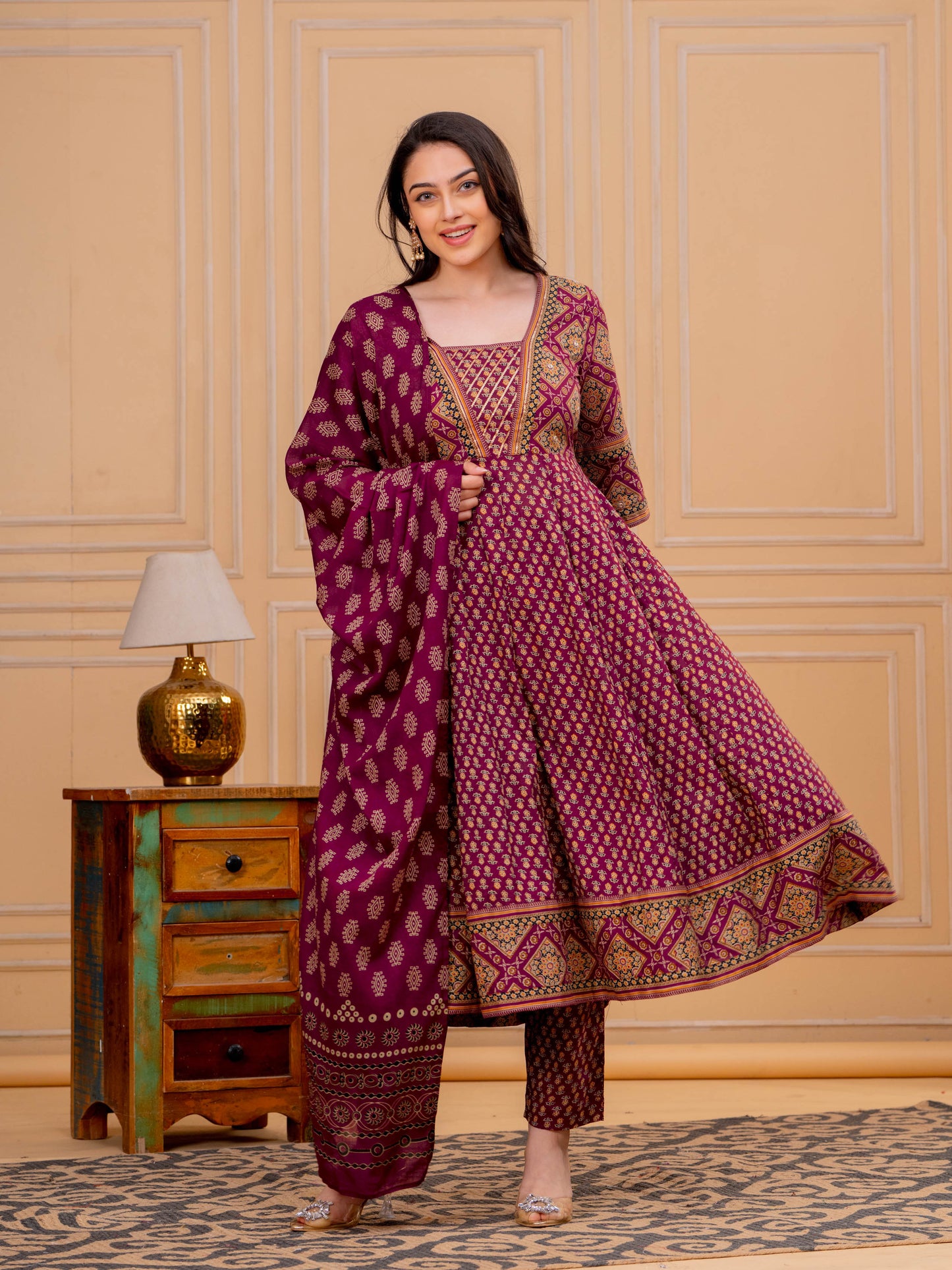 Soft Cotton Floral Flared Maroon Kurta From Aramya 0