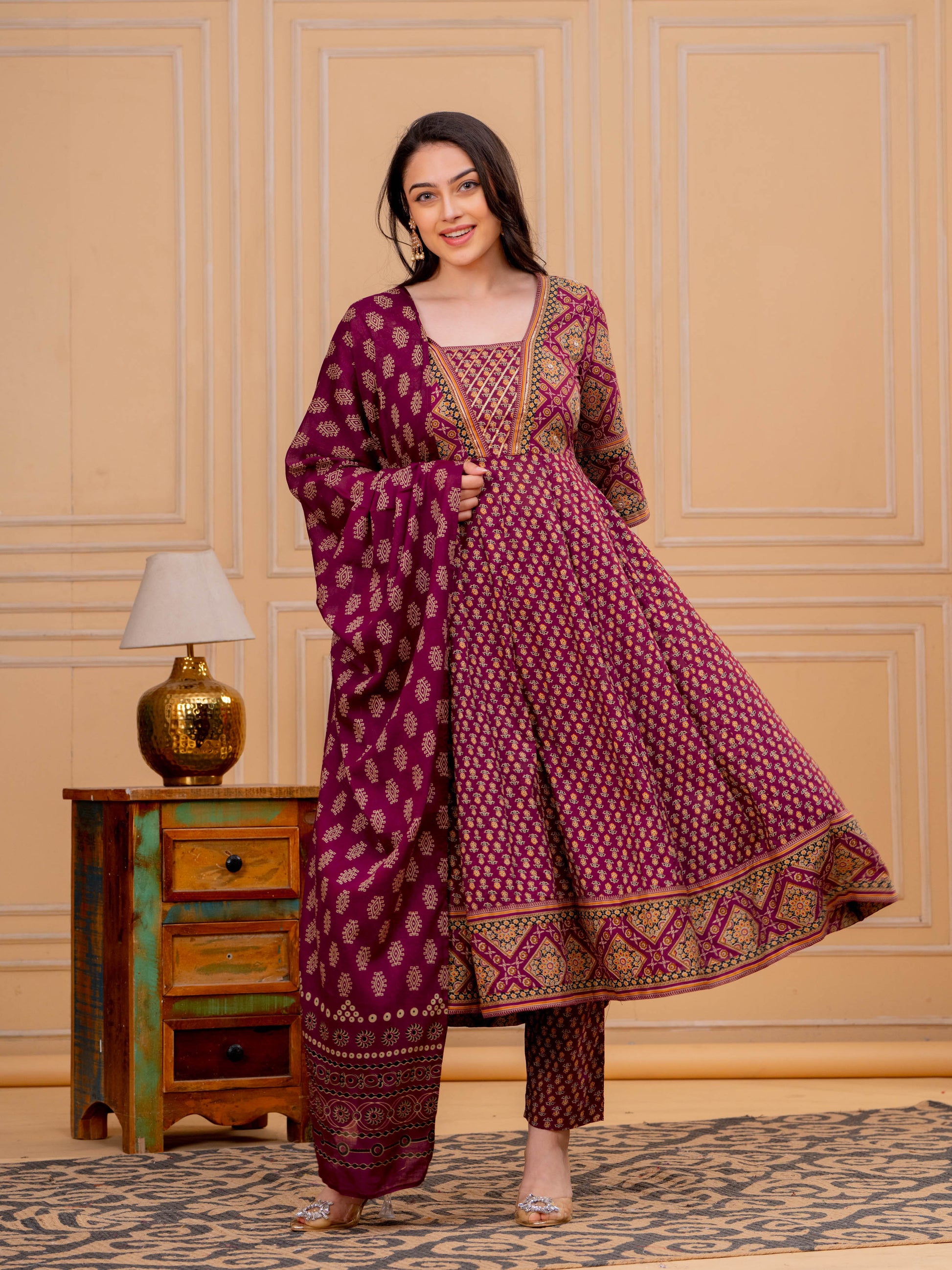 Soft Cotton Floral Flared Maroon Kurta From Aramya 0