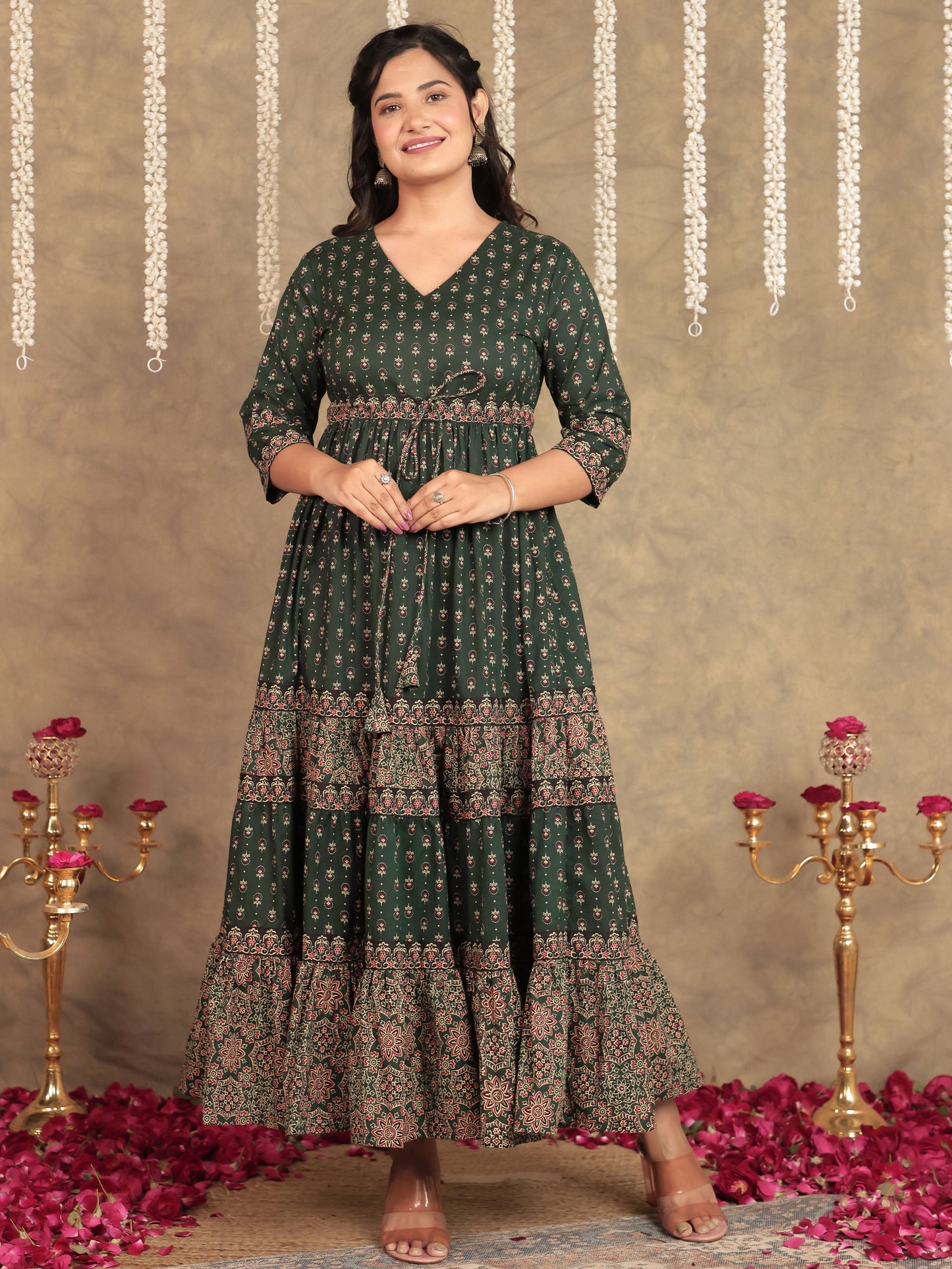 Soft Cotton Block Print A-line Green Dress From Aramya 0