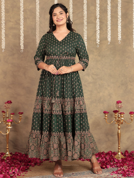 Soft Cotton Block Print A-line Green Dress From Aramya 0