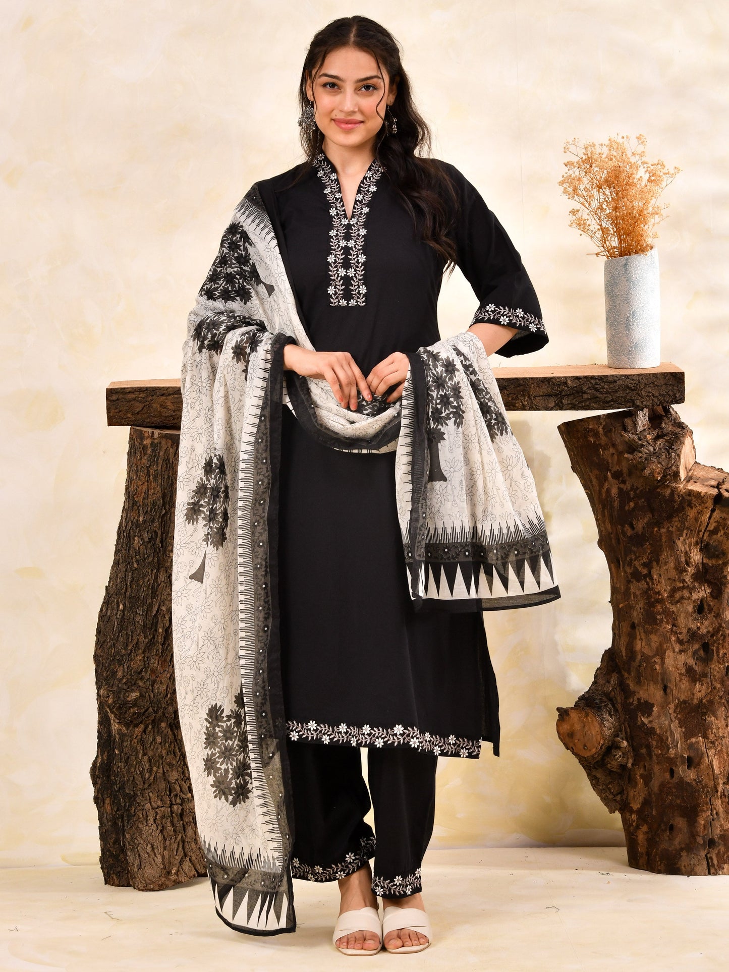 Embroidered Soft Cotton Solid A-line Black Kurta From Aramya 0