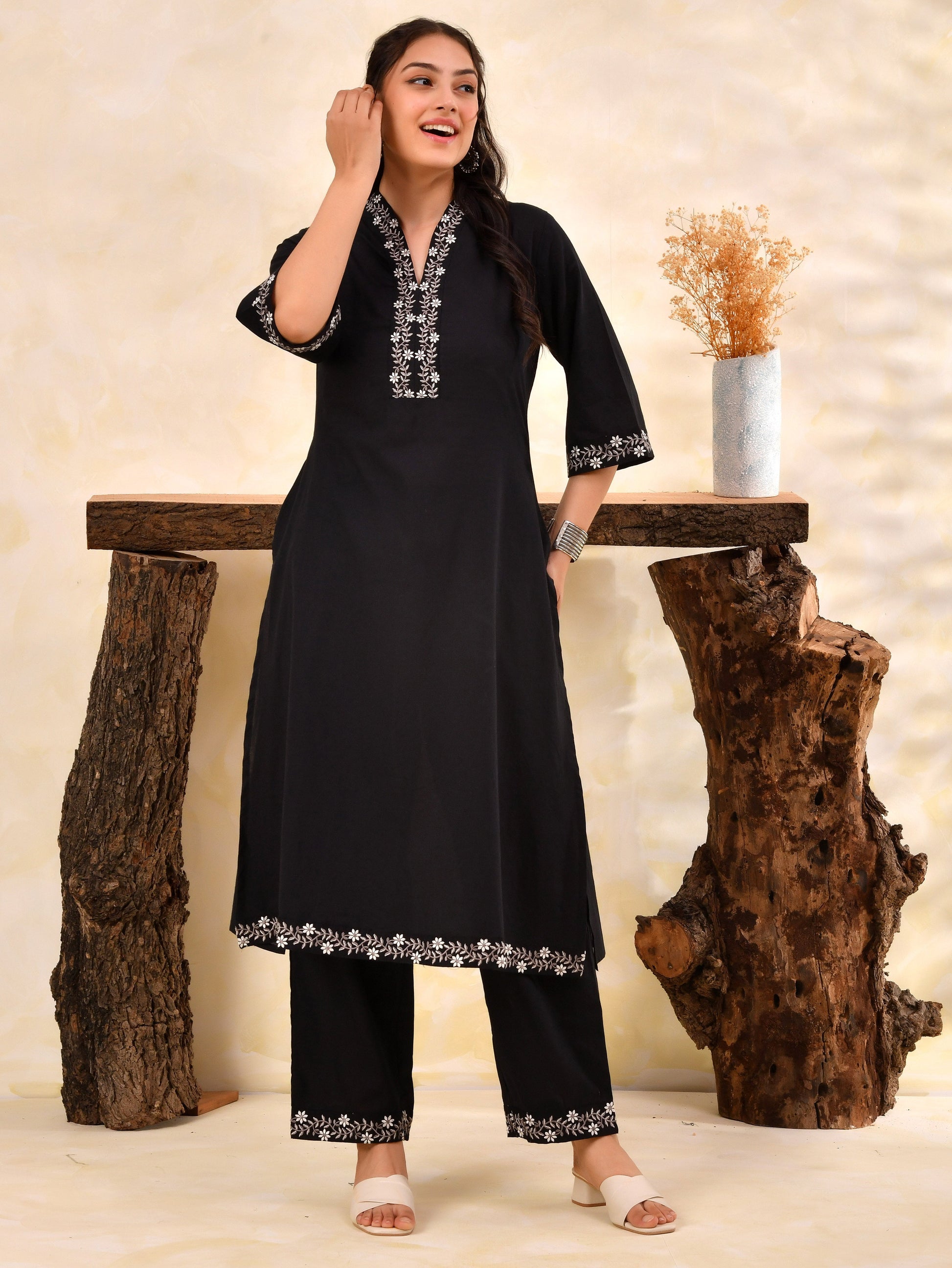 Embroidered Soft Cotton Solid A-line Black Kurta From Aramya 2