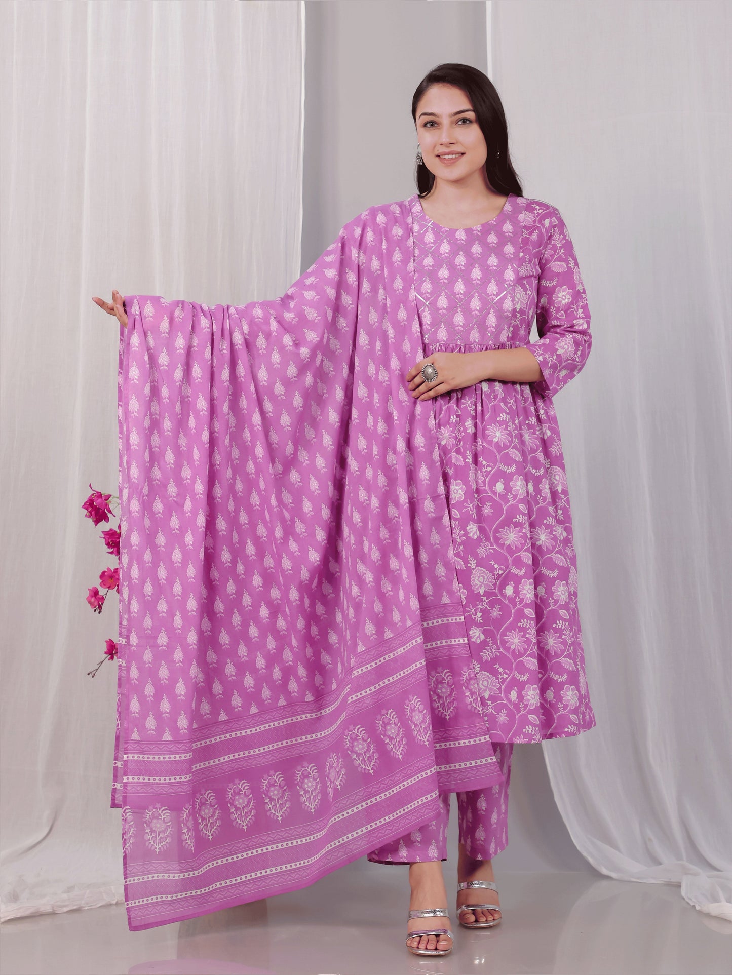 Embroidered Soft Cotton Floral Flared Pink Kurta From Aramya 0