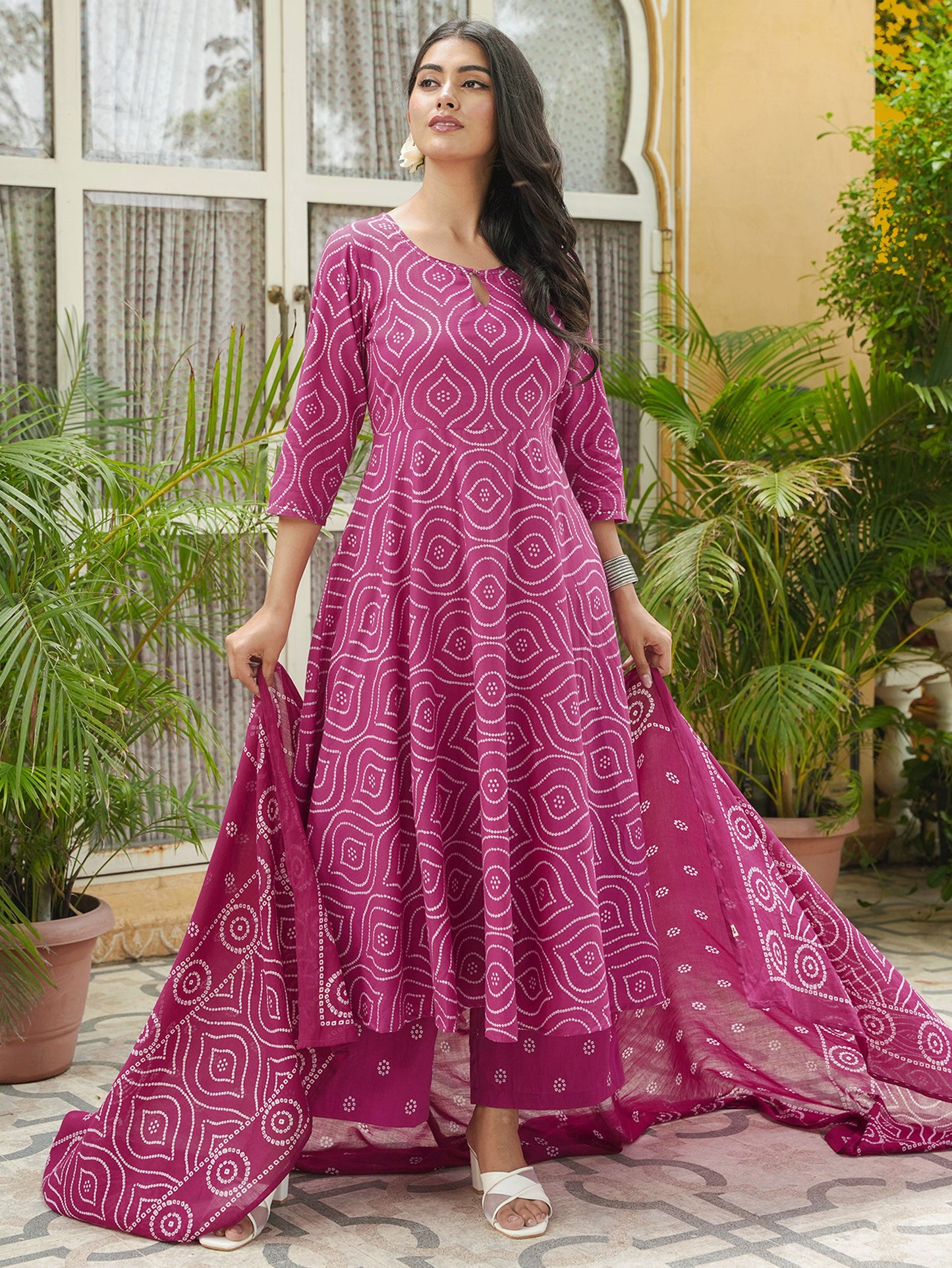 Embroidered Soft Cotton Bandhani Anarkali Pink Kurta From Aramya 0