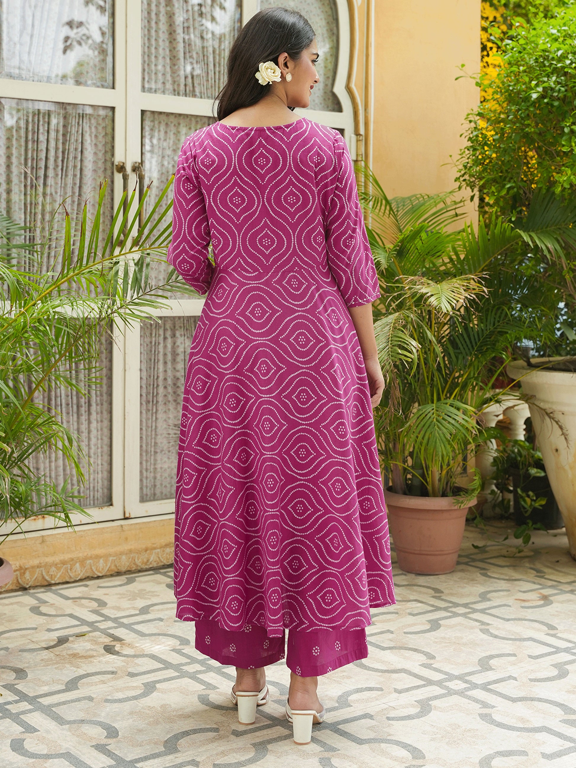 Embroidered Soft Cotton Bandhani Anarkali Pink Kurta From Aramya 5