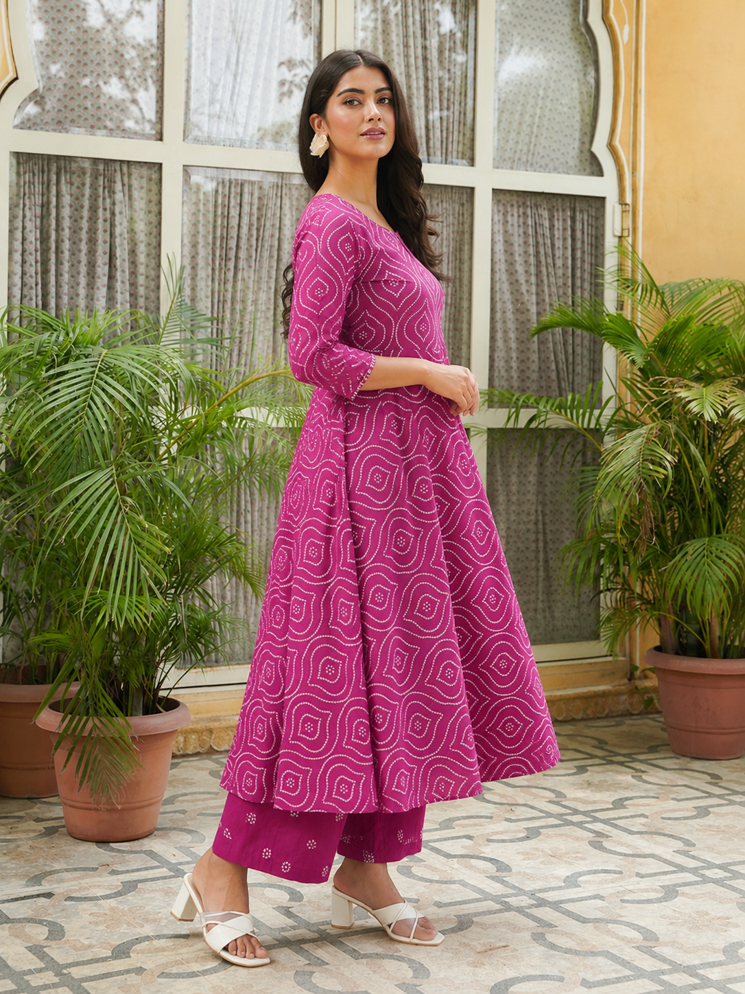 Embroidered Soft Cotton Bandhani Anarkali Pink Kurta From Aramya 7