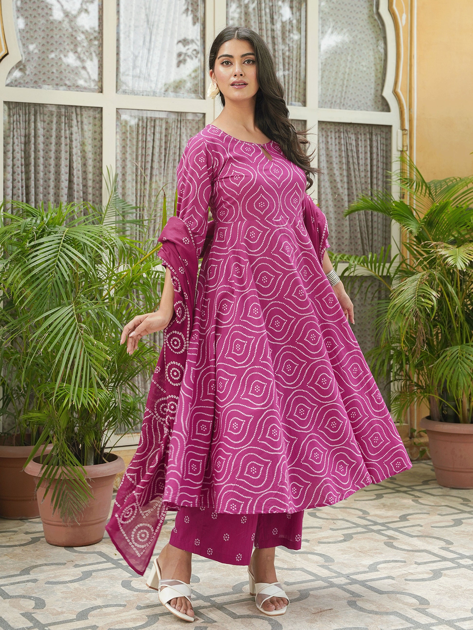 Embroidered Soft Cotton Bandhani Anarkali Pink Kurta From Aramya 6